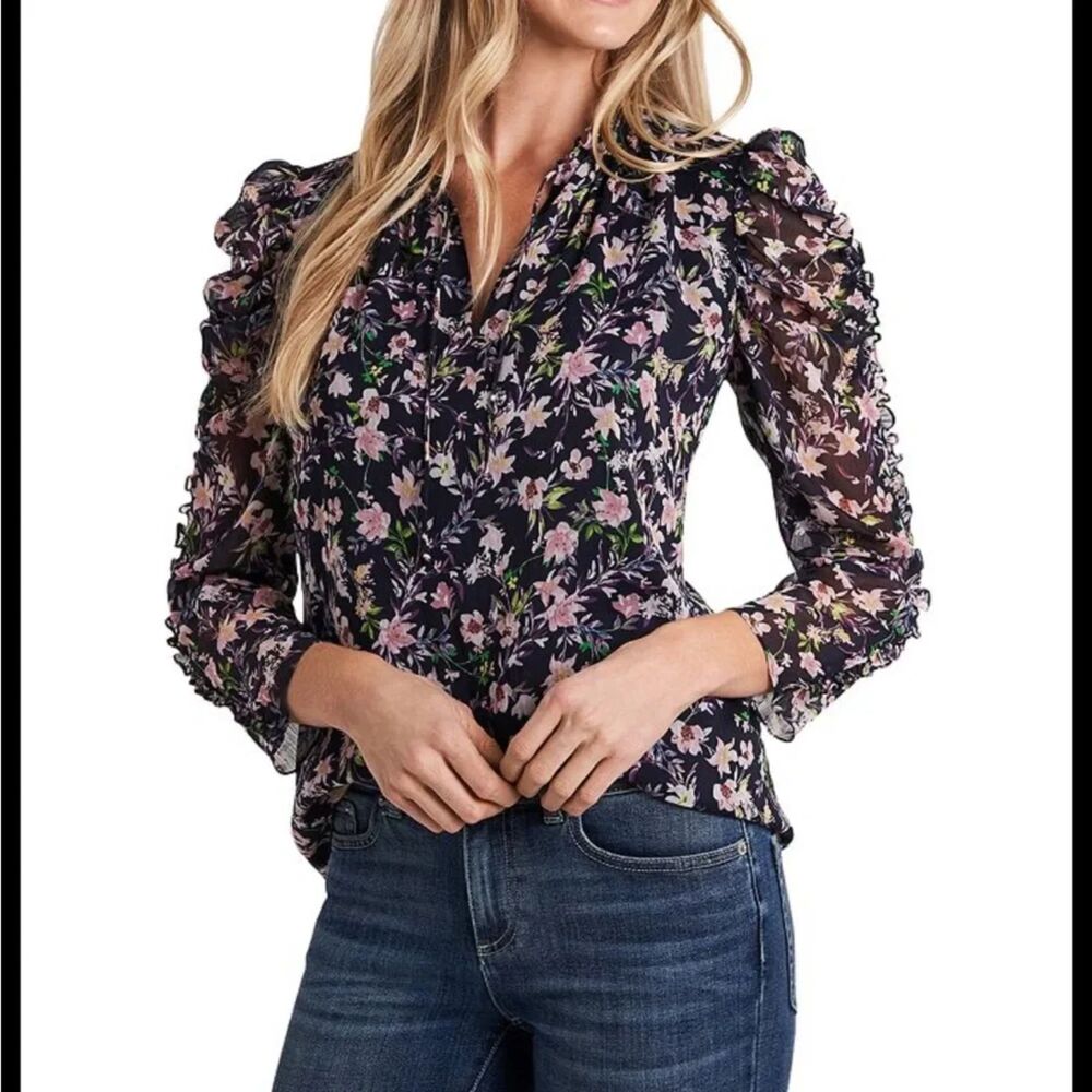 CeCe Navy Blue Floral V-Neck Ruffle Shoulder Long Sleeve Blouse Size L Sheer